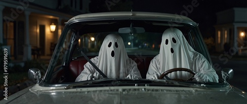 Ghostly Joyride: Two mischievous ghosts cruise through a sleepy suburban street in a vintage car, their spectral forms illuminated by the dashboard lights.