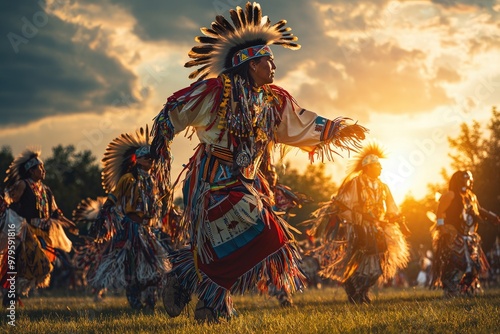 Native American heritage day. group of dancers in traditional attire at powwow at meadow at sunset.