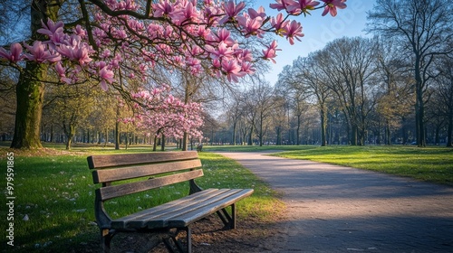 Fototapeta Naklejka Na Ścianę i Meble -  Spring in Nordpark, DÃ¼sseldorf, adorned with blooming magnolias.