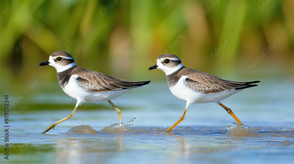 Two small birds with white chests and brown backs walk through shallow water, leaving light splashes, against a green backdrop Two small birds with white chests and brown backs walk through shallow water, leaving light splashes, against a green backdrop