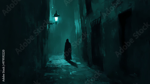 A shadowy figure standing at the end of a dark alley, illuminated by a single flickering streetlamp. Shadowy. Illustration