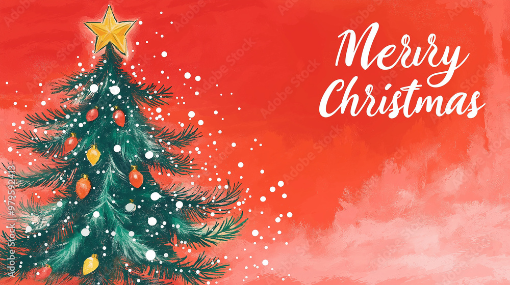 Christmas tree with ornaments falling snow and red background Christmas tree with ornaments falling snow and red background