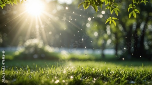 Lush garden landscape with sunlit dewy grass