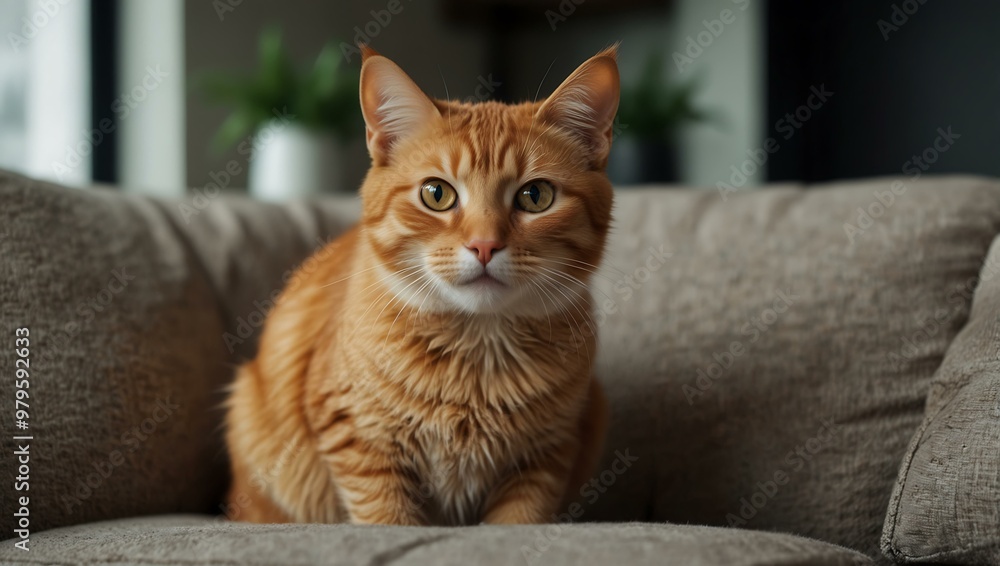 Cute ginger cat sitting on the couch, looking surprised. Cute ginger cat sitting on the couch, looking surprised.