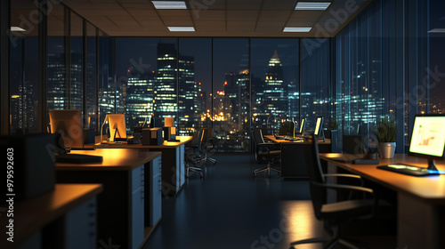 Open plan office space during overtime