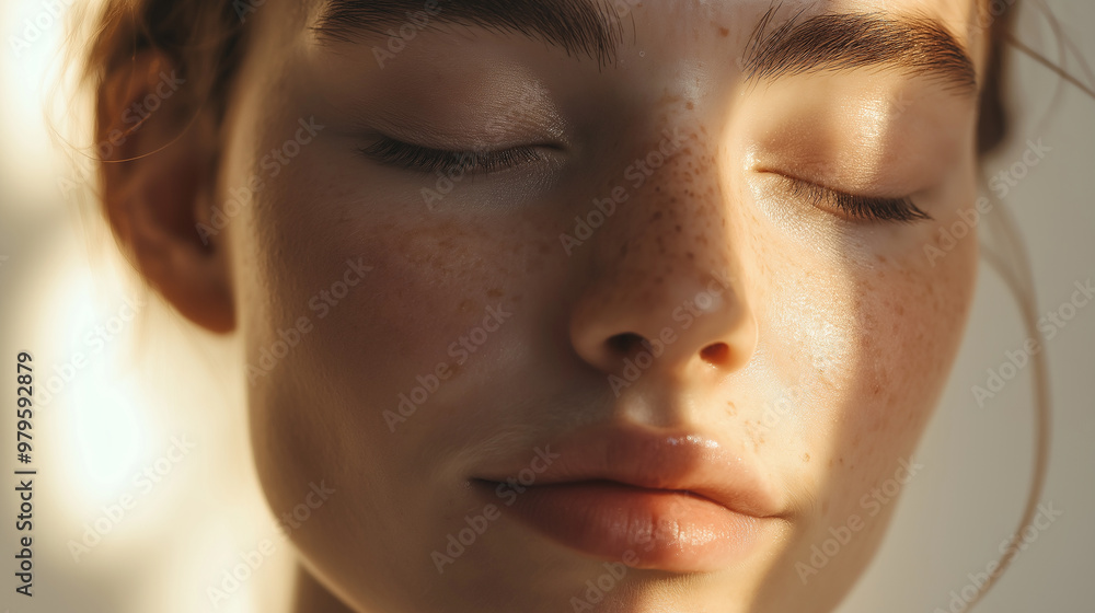 Young woman with freckles is relaxing with eyes closed in the sun Young woman with freckles is relaxing with eyes closed in the sun