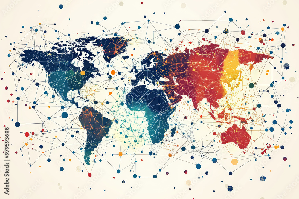 Fototapeta premium A global intelligence world map featuring interconnected nodes, showcasing vibrant colors representing different regions. This artistic representation highlights interconnectedness of our world
