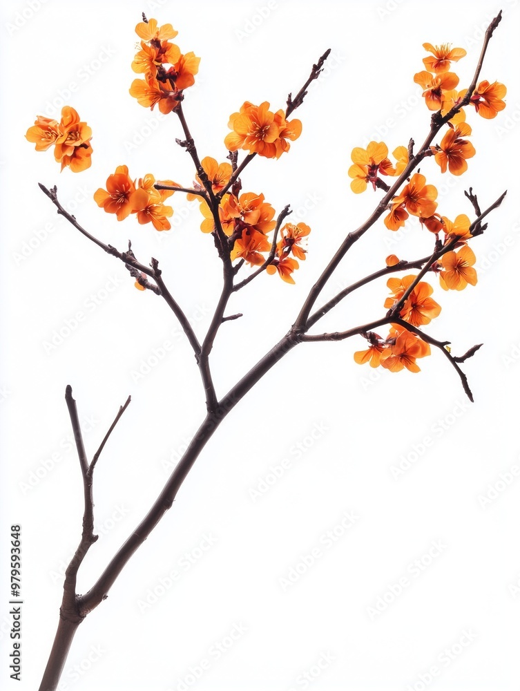 Thick branch with little orange or pink flower shoots isolated on white Thick branch with little orange or pink flower shoots isolated on white