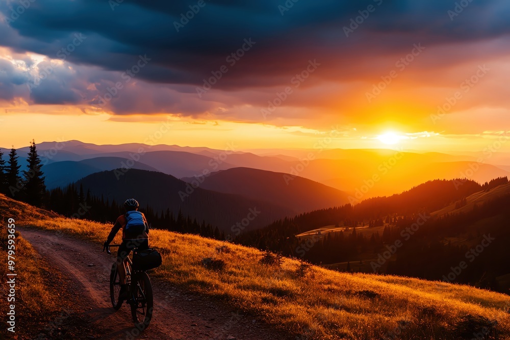 A cyclist rides along a scenic mountain trail at sunset, surrounded by stunning peaks and vibrant skies. A cyclist rides along a scenic mountain trail at sunset, surrounded by stunning peaks and vibrant skies.