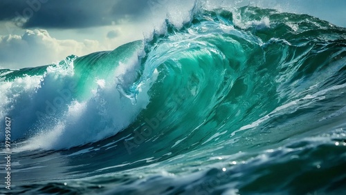 Close-up of a large emerald wave crashing powerfully against the ocean surface, showcasing its dynamic motion and energy, Generative AI.