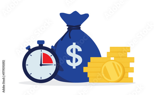 Money bag with gold coins and stopwatch. Time is money concept