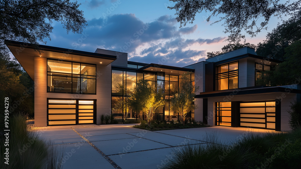 Fototapeta premium Modern luxury home exterior glowing at twilight with dramatic sky