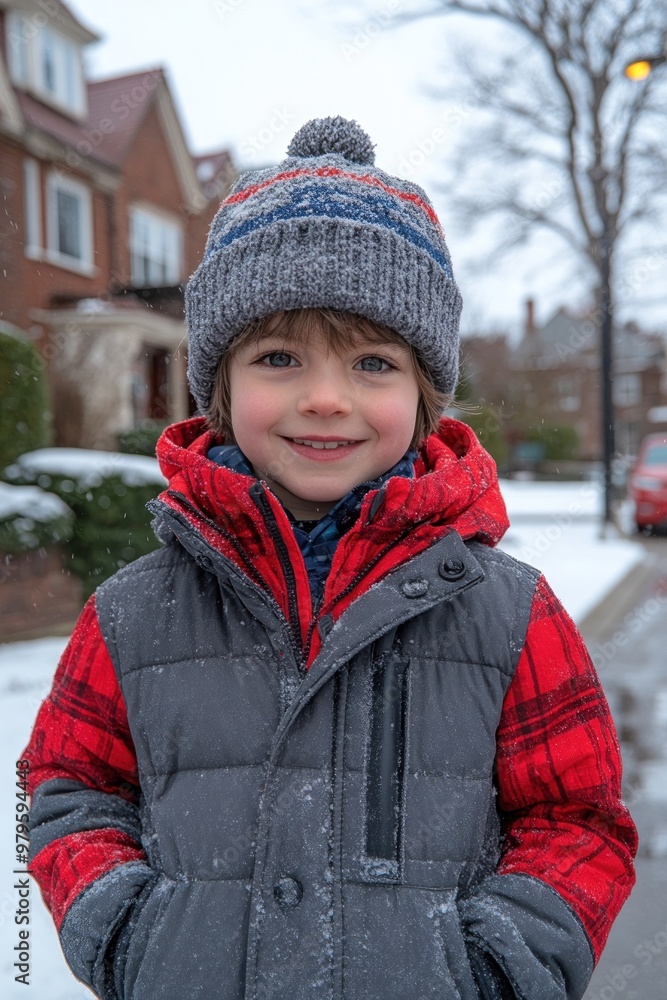 A cheerful child in a cozy winter outfit smiles while standing in the snow on a suburban street A cheerful child in a cozy winter outfit smiles while standing in the snow on a suburban street