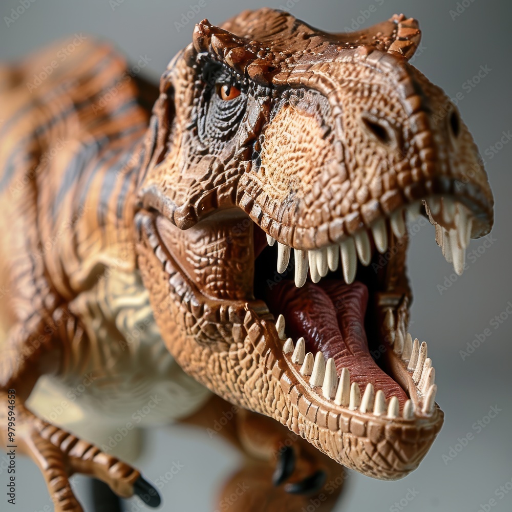Obraz premium Tyrannosaurus Rex toy stands majestically amidst a lush, prehistoric landscape. This detailed figure captures the power and ferocity of the iconic dinosaur, perfect for educational purposes.