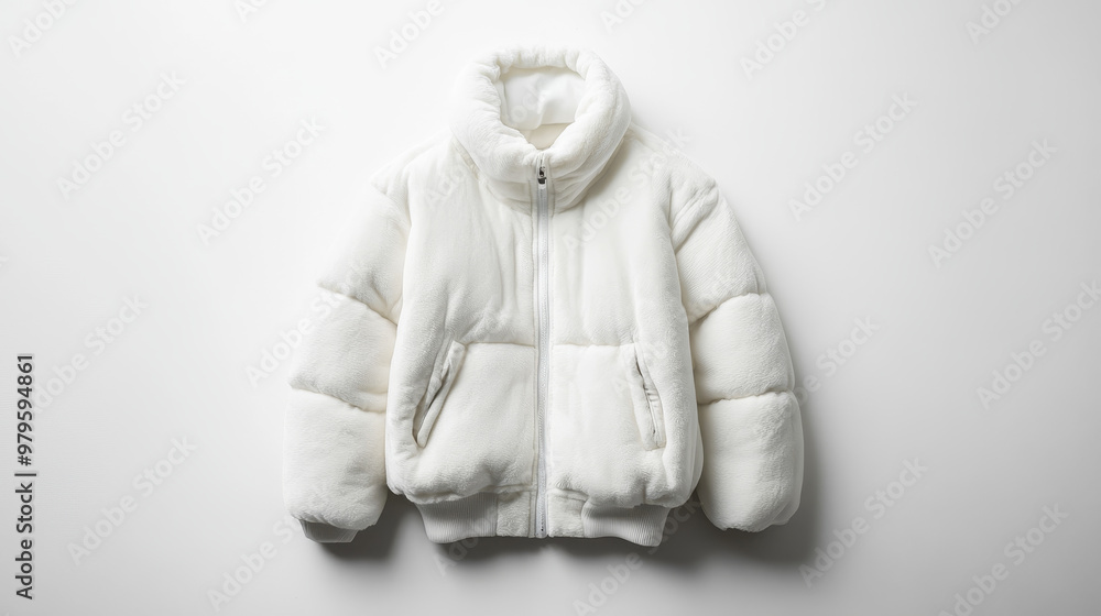 A white, warm jacket is shown against a plain white backdrop. The image focuses solely on the jacket, without any people or distracting elements. A white, warm jacket is shown against a plain white backdrop. The image focuses solely on the jacket, without any people or distracting elements.