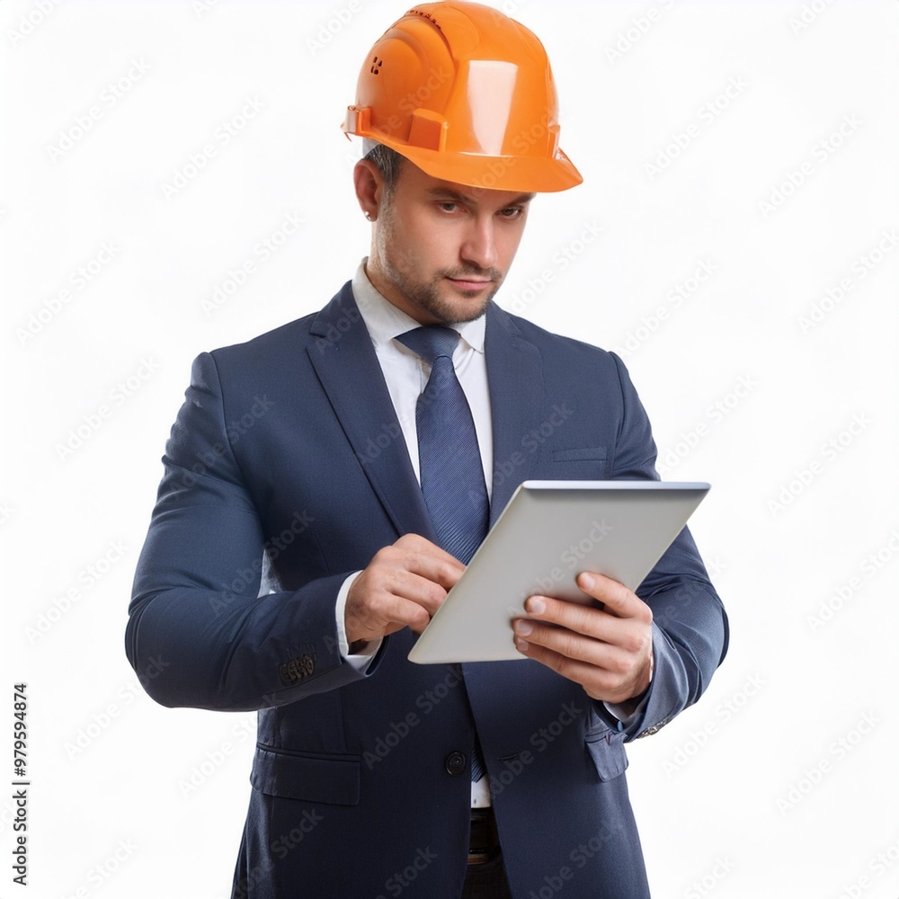 Logistics Manager Reviewing Inventory on Tablet Isolated on White Background, Clipping Path, Full Depth of Field