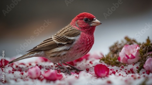 Male purple finch perched amid pink petals and berries