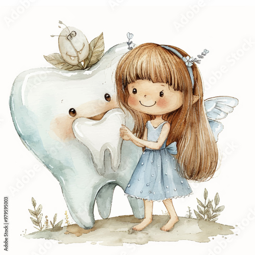 Tooth fairy in a caron and with a magic platter. The tooth fairy holds a cheerful tooth in her hands. Healthy teeth. Cute fairy tale character. Vector illustration.