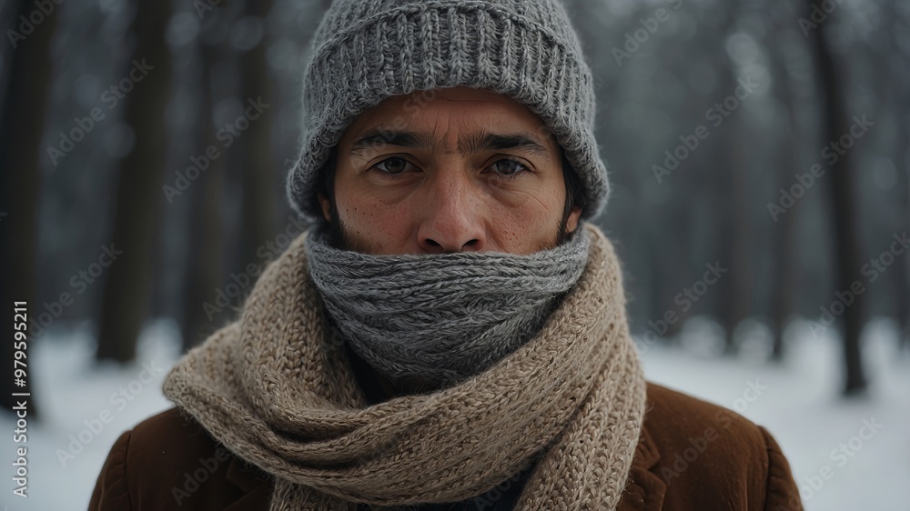 Man bundled up in hat scarf and sweater Man bundled up in hat scarf and sweater