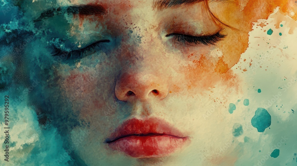 Face in close-up, smooth blending of features into watercolor splashes, soft pastel tones, dreamlike atmosphere. Face in close-up, smooth blending of features into watercolor splashes, soft pastel tones, dreamlike atmosphere.