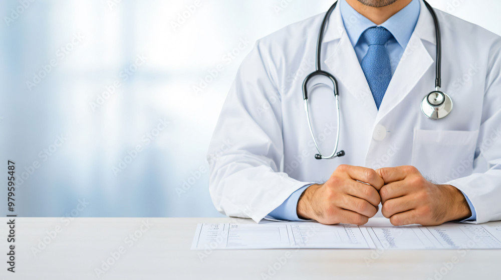 A doctor in white coat is reviewing diagnostic results with stethoscope around their neck, conveying sense of professionalism and care A doctor in white coat is reviewing diagnostic results with stethoscope around their neck, conveying sense of professionalism and care