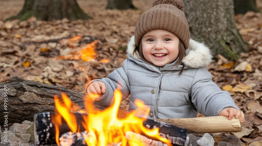 A cheerful young girl in a jacket and hat sits by a vibrant campfire, holding a snack as she enjoys the beautiful outdoor setting by a tranquil lake A cheerful young girl in a jacket and hat sits by a vibrant campfire, holding a snack as she enjoys the beautiful outdoor setting by a tranquil lake