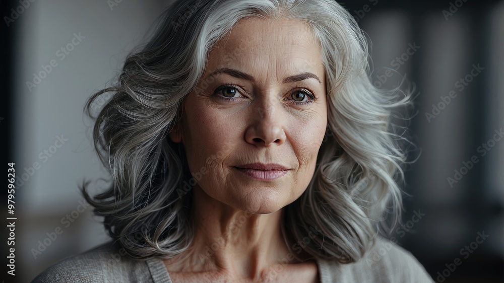 Mature woman with gray hair smiling at camera Mature woman with gray hair smiling at camera