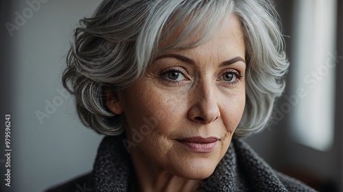 Mature woman with gray hair smiling at camera