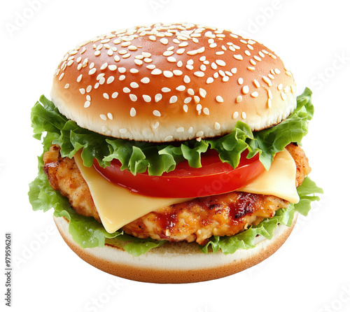Delicious chicken burger with fresh tomato, crisp lettuce, and melted cheese on a sunny afternoon