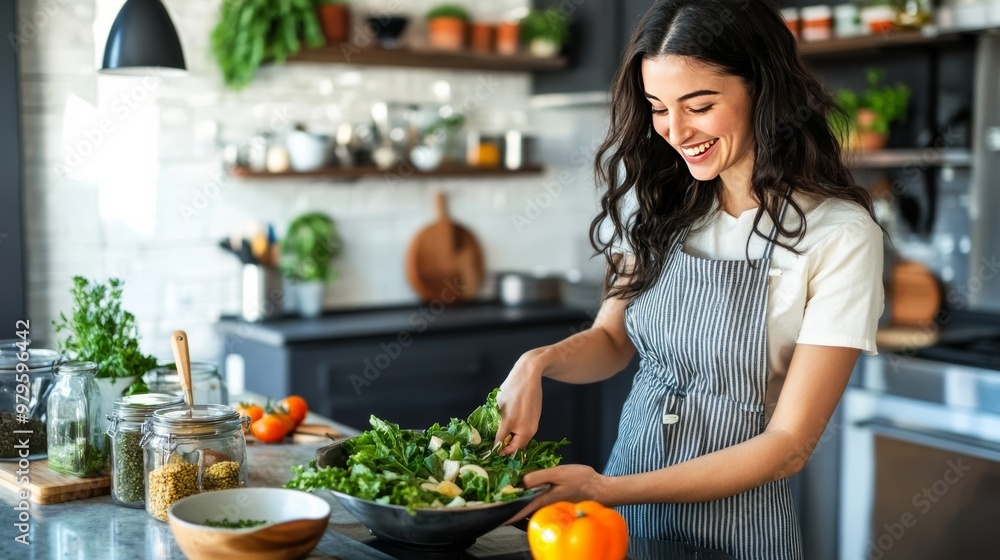Smiling woman making salad in new kitchen Smiling woman making salad in new kitchen