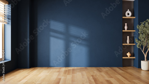 Empty room with  dark blue wall background at  Modern  mid-century interior living decor  .3drender