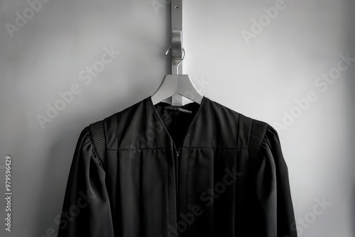 Black judge's robe hanging on a gray wall