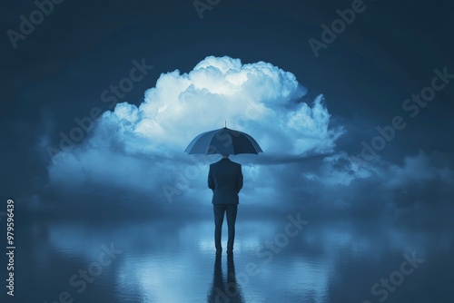 Businessman standing with umbrella and little storm cloud concept on background with generatie ai photo