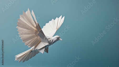 Meticulously crafted origami dove in mid-flight