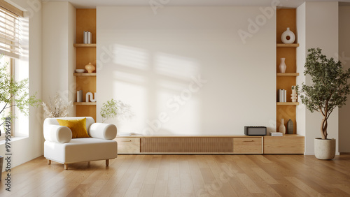 Modern  mid-century interior living room with white sofa and woodle TV cabinate on white wall .3drender photo