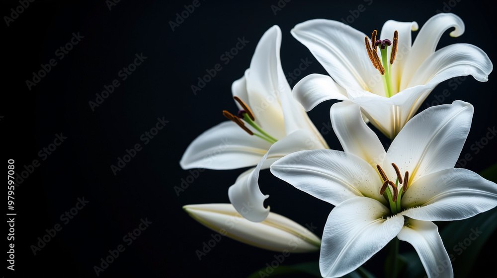 Close-up of elegant white lilies with prominent stamens against a dark background. The image showcases the intricate details and delicate textures of the petals and pollen. Close-up of elegant white lilies with prominent stamens against a dark background. The image showcases the intricate details and delicate textures of the petals and pollen.