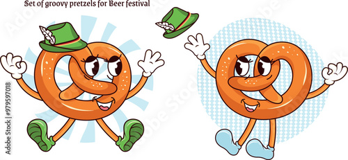 SET OF GROOVY PRETZELS FOR BEER FESTIVAL. Pretzel mascot character in retro groove style for poster/flyer design on vintage background for Oktoberfest beer festival.Oktoberfest Charakter Brezel.Oktobe