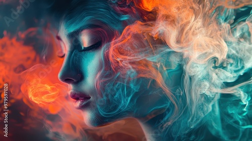 Abstract close-up portrait, facial expression dissolving into swirling colors, soft lighting, dreamlike atmosphere.