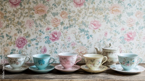 Vintage Floral Teacups on Rustic Wooden Shelf