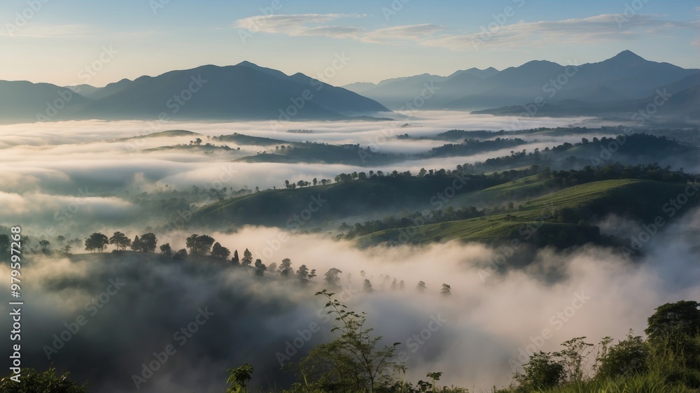Misty mountain landscape with rolling hills and peaks Misty mountain landscape with rolling hills and peaks
