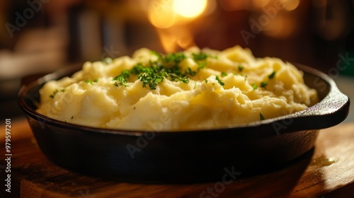 Close-up iron skillet with mashed potatoes on wood, backlit.