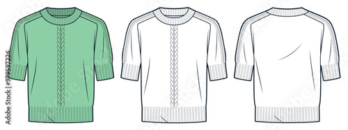 Pigtails Sweater technical fashion illustration.  Jumper fashion flat technical drawing template, round neckline, short sleeve, front and back view, white, green, women, men, unisex CAD mockup set.