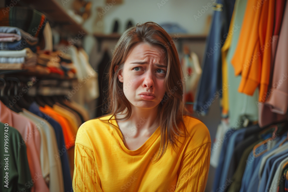 portrait of a girl frustrated at not having clothes to wear portrait of a girl frustrated at not having clothes to wear
