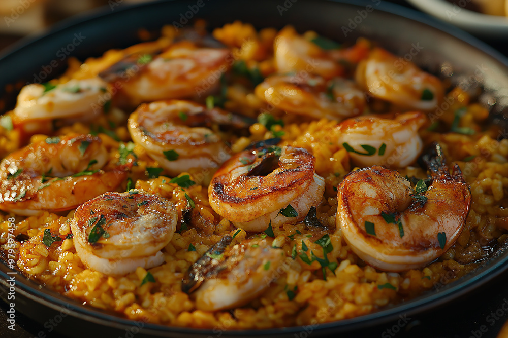 Delicious paella with shrimps being cooked in a pan Delicious paella with shrimps being cooked in a pan