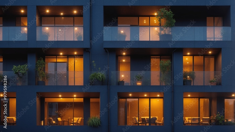 Modern multi-story apartment building with warm lighting Modern multi-story apartment building with warm lighting