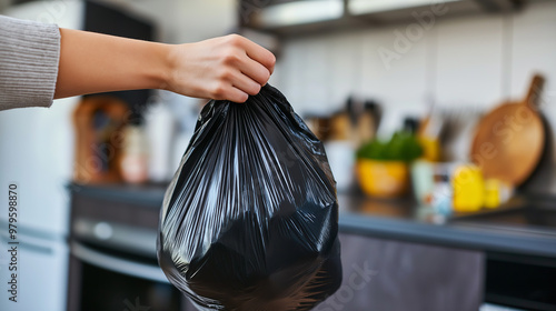 Woman holding trash bag in kitchen after taking out garbage photo