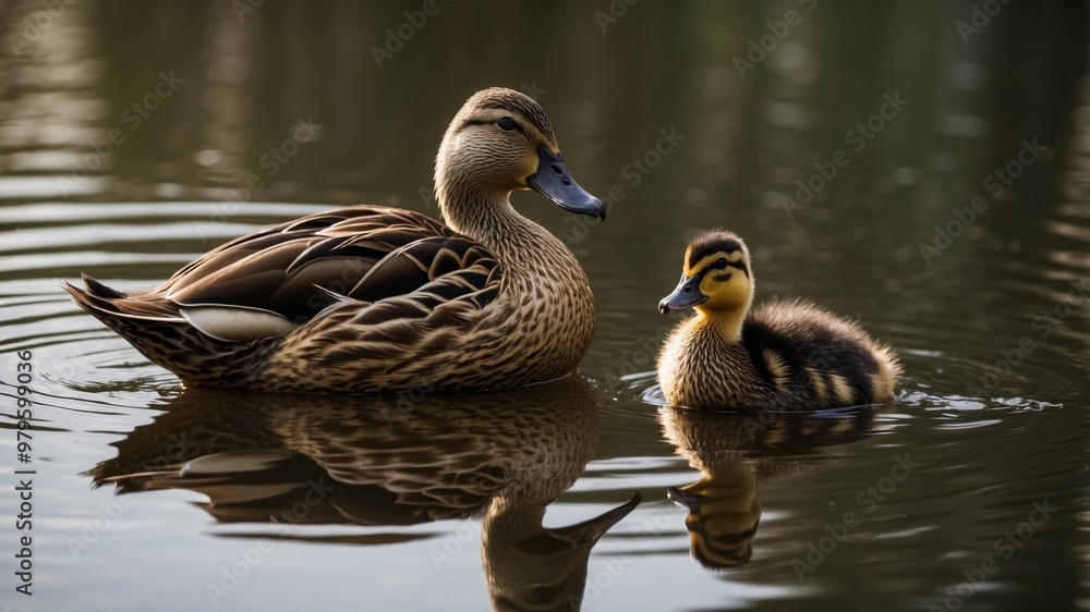 Mother duck leading her ducklings across the pond Mother duck leading her ducklings across the pond