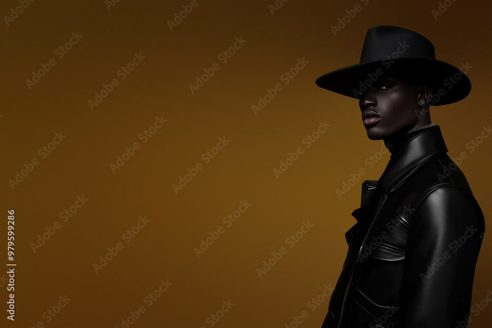 An individual in black clothing, including a hat and coat, stands against a orange background. The blend of colors and attire creates an air of elegance and mystery An individual in black clothing, including a hat and coat, stands against a orange background. The blend of colors and attire creates an air of elegance and mystery