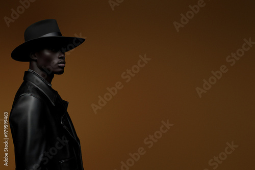 An individual in black clothing, including a hat and coat, stands against a orange background. The blend of colors and attire creates an air of elegance and mystery