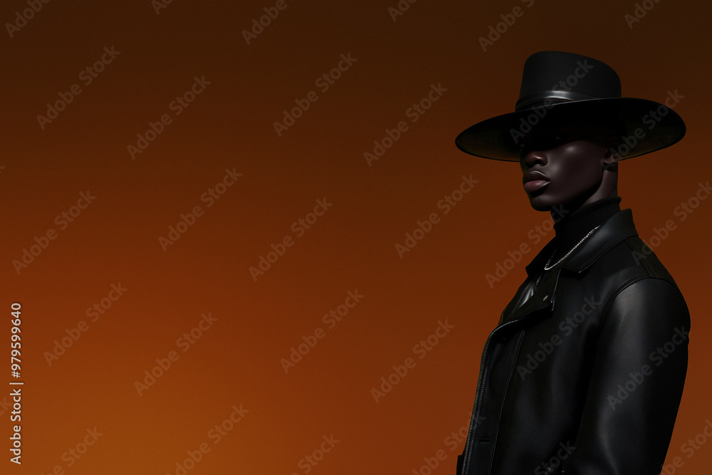 Person in black leather and hat posing, green background Person in black leather and hat posing, green background